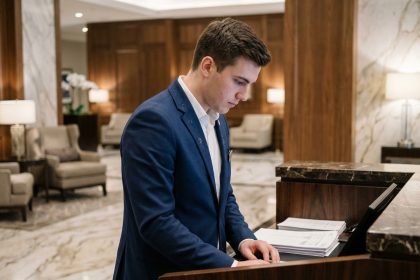 Jeune homme en costume dans un lobby d'hôtel élégant