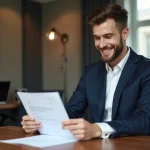 Jeune homme en costume cravate souriant avec fiche de paie