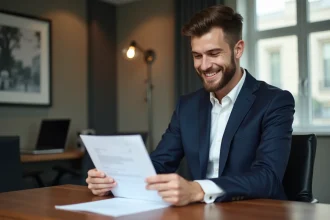 Jeune homme en costume cravate souriant avec fiche de paie