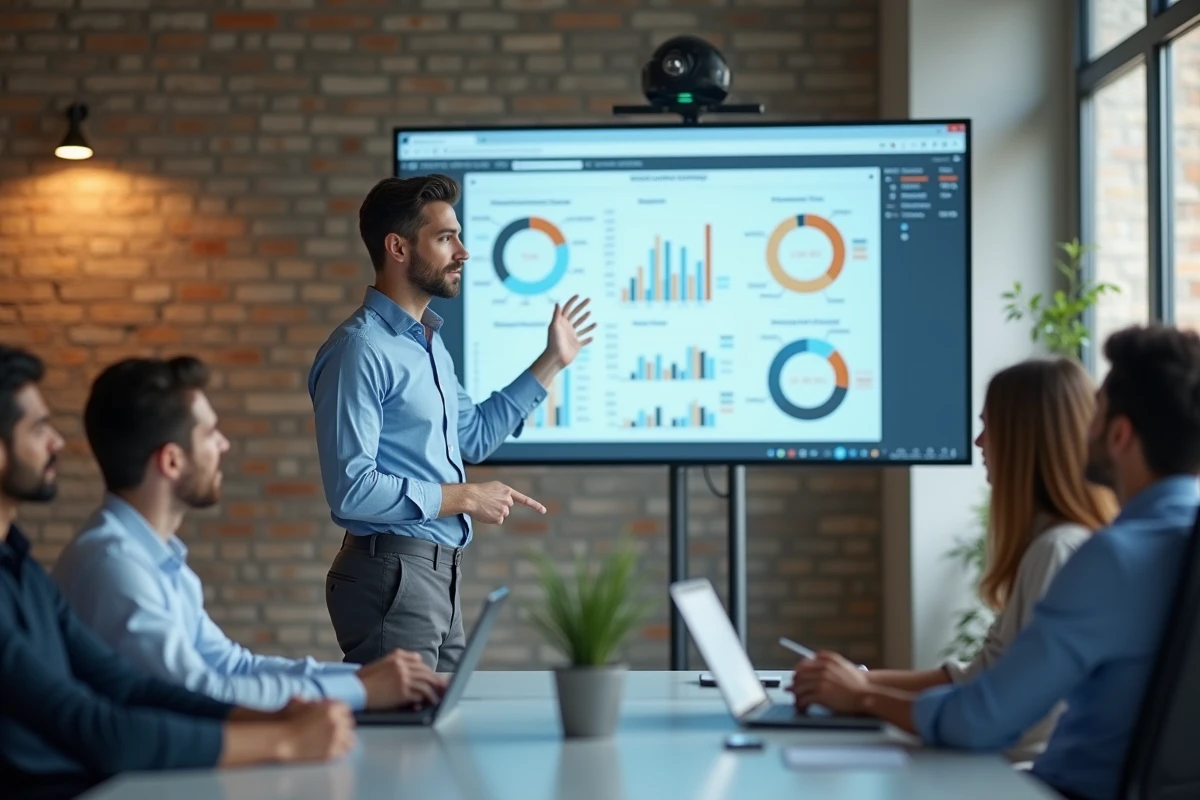 Jeune homme présente des graphiques lors d