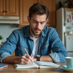Jeune homme concentré étudiant avec livre GED
