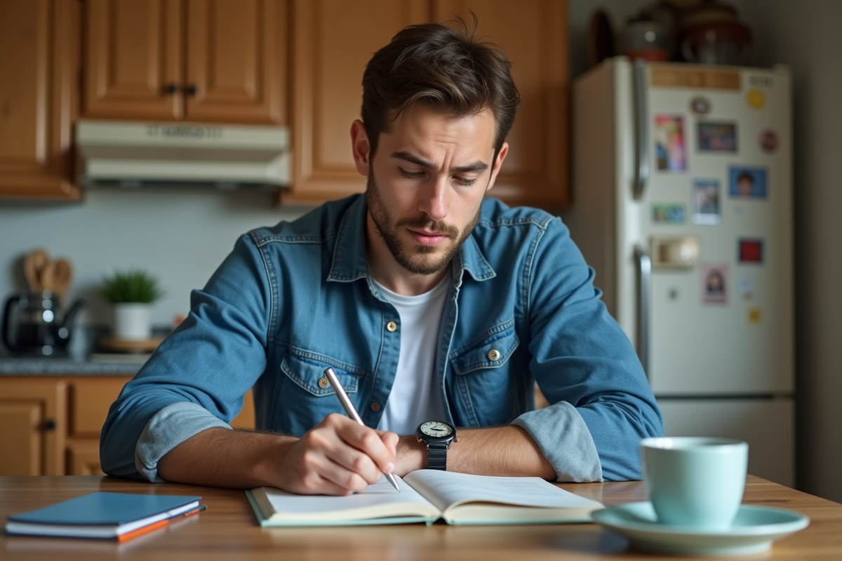 Jeune homme concentré étudiant avec livre GED