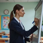 Jeune professeure débutante devant un tableau blanc dans une salle de classe française, illustrant le métier d'enseignant en début de carrière