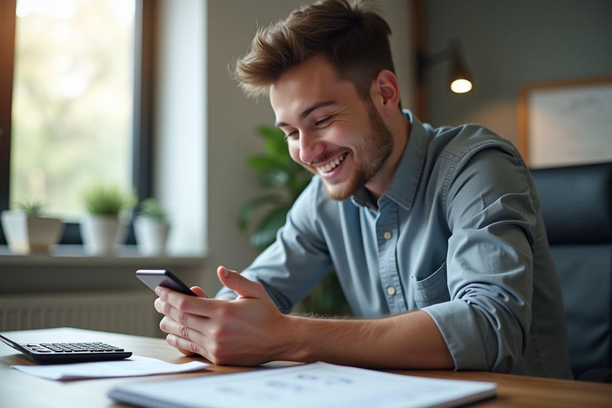 Jeune professionnel utilisant une application bancaire sur smartphone