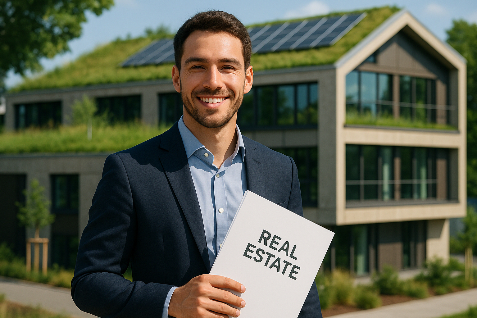 Jeune professionnel avec documents immobilier devant bâtiment écologique