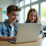 Jeune garçon et fille en classe utilisant un ordinateur portable