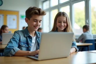 Jeune garçon et fille en classe utilisant un ordinateur portable