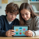 Jeune garçon et fille concentrés sur une tablette en classe
