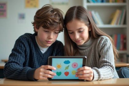 Jeune garçon et fille concentrés sur une tablette en classe