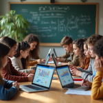 Groupe de lycéens autour d'une table avec ordinateurs et tablettes