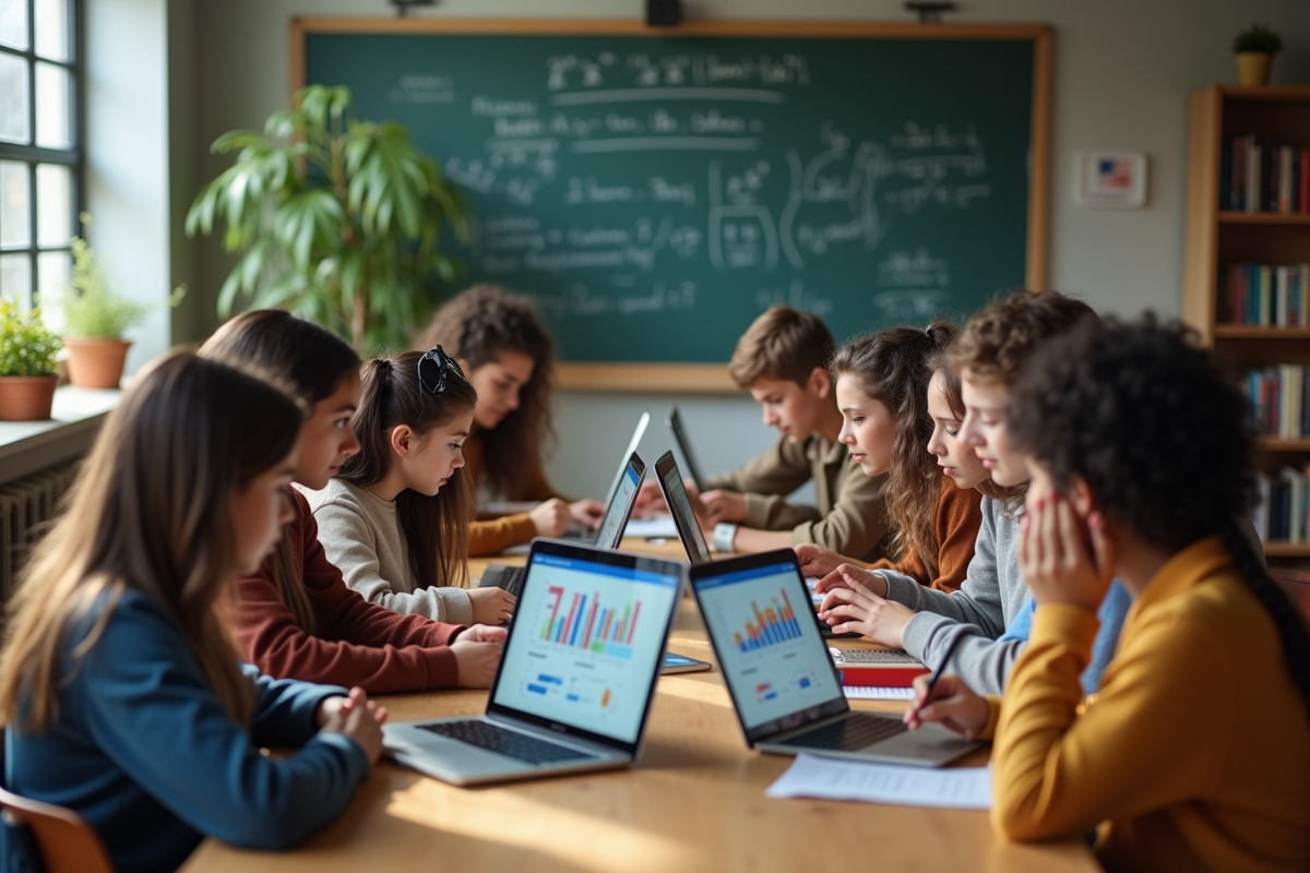 Groupe de lycéens autour d'une table avec ordinateurs et tablettes