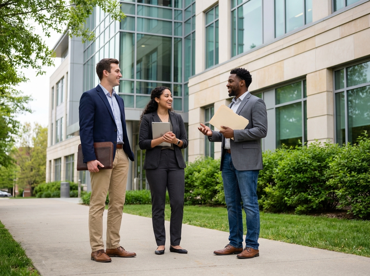 Groupe de jeunes professionnels en discussion dans la rue