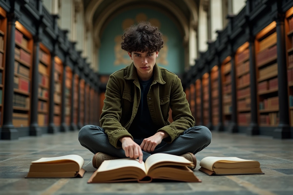 Jeune homme lisant un poème narratif en six strophes dans une bibliothèque universitaire ancienne