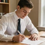 Jeune homme rédigeant une lettre de motivation pour le programme cadet d'Air France à son bureau avec des livres d'aviation en arrière-plan