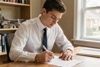 Jeune homme rédigeant une lettre de motivation pour le programme cadet d'Air France à son bureau avec des livres d'aviation en arrière-plan