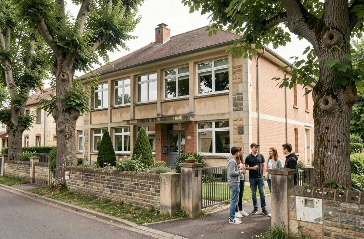 Façade du lycée Alexandre Denis à Cerny avec des élèves devant l'entrée principale