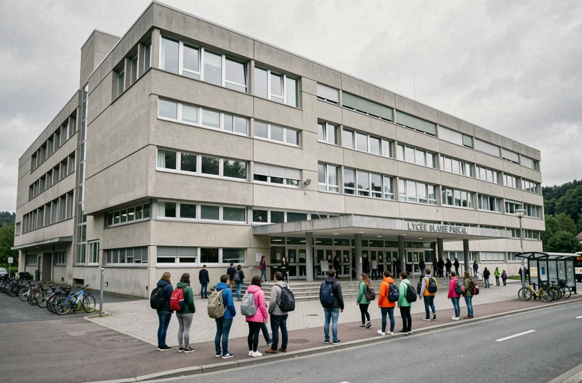 Façade principale du lycée Blaise Pascal à Orsay avec des élèves sur le parvis