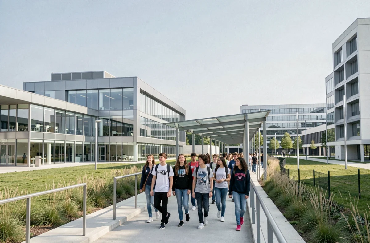 Campus moderne du Lycée International de Palaiseau-Paris-Saclay avec des élèves sur la passerelle