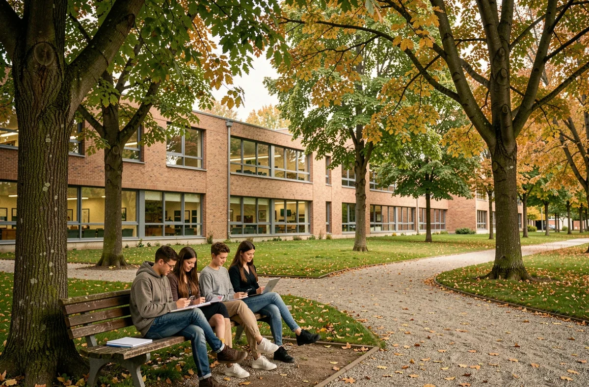 Lycée Parc de Vilgénis à Massy, vue du bâtiment dans le parc avec des élèves assis dehors