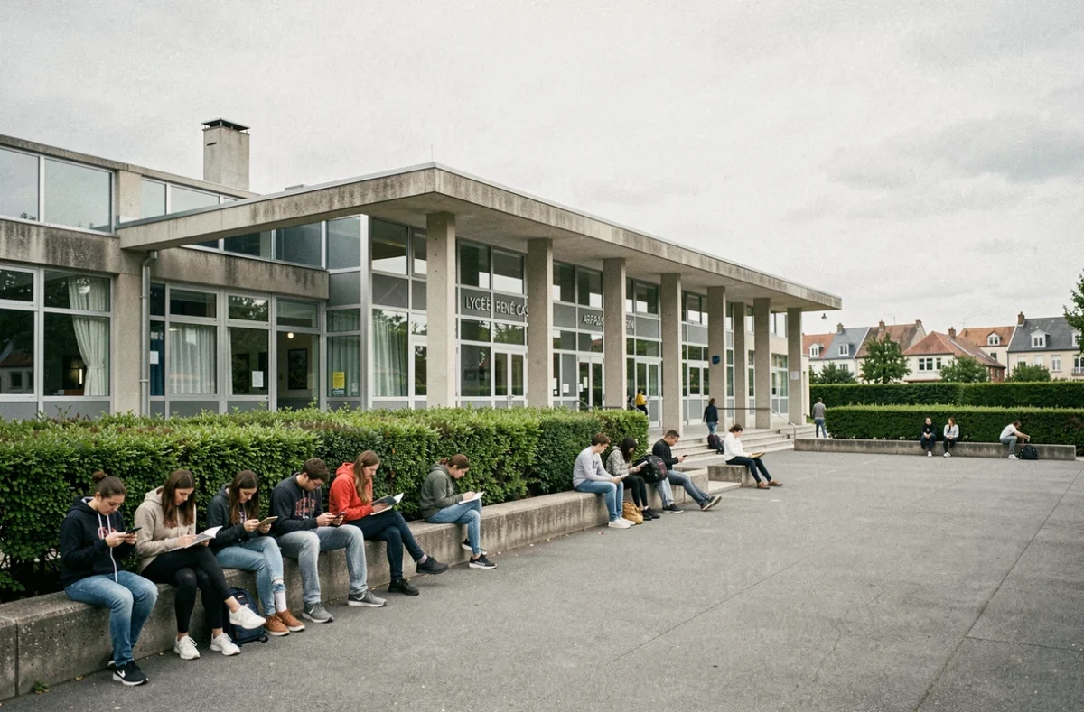Cour de récréation du lycée René Cassin à Arpajon avec des lycéens pendant la pause