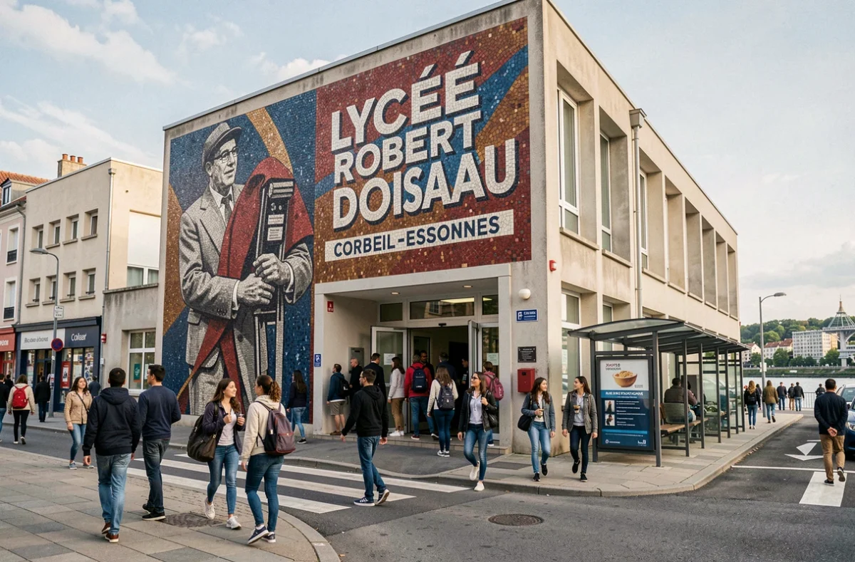 Lycée Robert Doisneau à Corbeil-Essonnes avec la fresque murale et des élèves sortant des cours