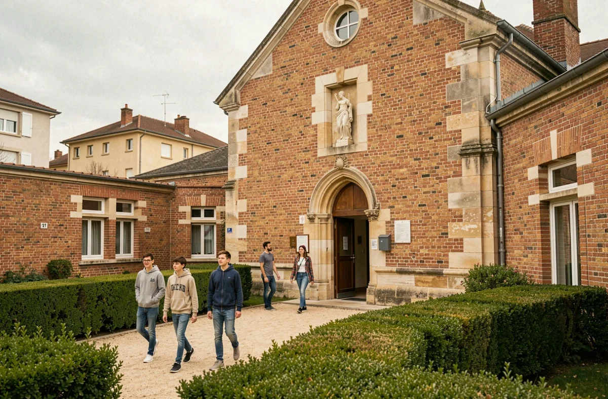 Cour intérieure de l'école Sacré-Cœur à La Ville-du-Bois avec des lycéens et la façade religieuse