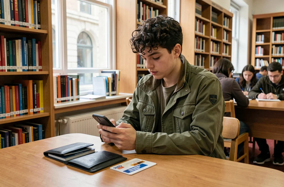 Lycéen consultant les avantages de sa carte étudiant dans une bibliothèque publique