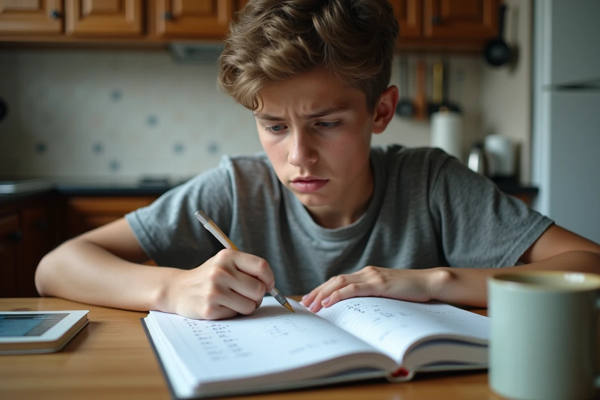 Lycéen travaillant sur le calcul de sa moyenne avec coefficients à la maison sur un cahier scolaire