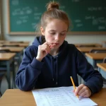 Lycéenne calculant sa moyenne avec coefficients sur une feuille de notes dans une salle de classe