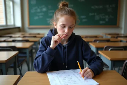 Lycéenne calculant sa moyenne avec coefficients sur une feuille de notes dans une salle de classe