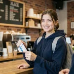 Lycéenne présentant sa carte étudiant au comptoir d'un café pour bénéficier d'un avantage tarifaire