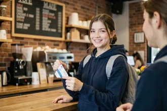 Lycéenne présentant sa carte étudiant au comptoir d'un café pour bénéficier d'un avantage tarifaire