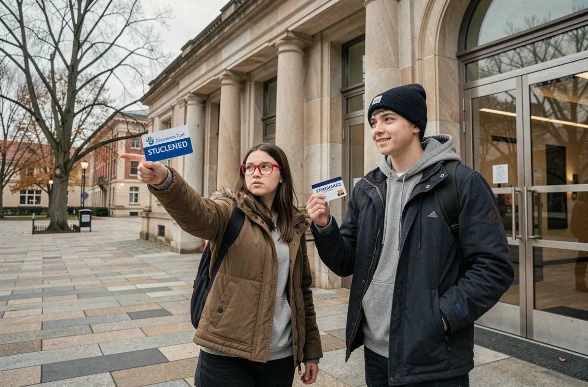 Deux lycéens utilisant leur carte étudiant pour obtenir un tarif réduit à l'entrée d'un musée