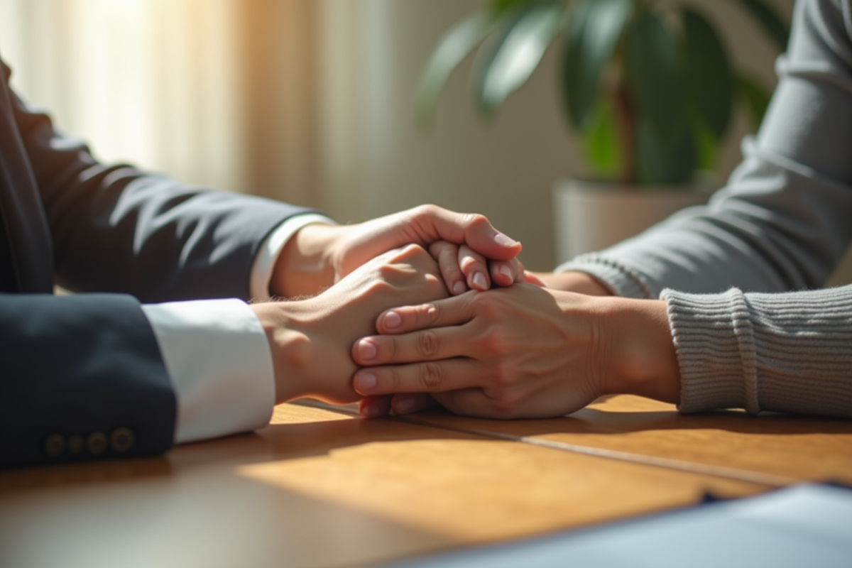 Mains du psychologue soutenant celles du client avec douceur
