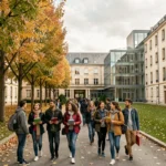 Vue large d'un lycée en Essonne avec des élèves dans la cour, illustrant le classement des meilleurs lycées 2026