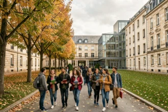 Vue large d'un lycée en Essonne avec des élèves dans la cour, illustrant le classement des meilleurs lycées 2026
