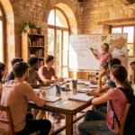 Un groupe d'élèves de différents âges travaille avec un professeur particulier dans une salle d'étude chaleureuse des Bouches-du-Rhône