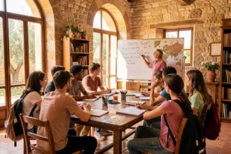 Un groupe d'élèves de différents âges travaille avec un professeur particulier dans une salle d'étude chaleureuse des Bouches-du-Rhône