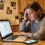 Mère frustrée devant son ordinateur portable affichant une erreur sur le site Scolinfo le soir des bulletins scolaires