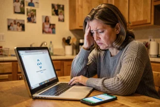 Mère frustrée devant son ordinateur portable affichant une erreur sur le site Scolinfo le soir des bulletins scolaires
