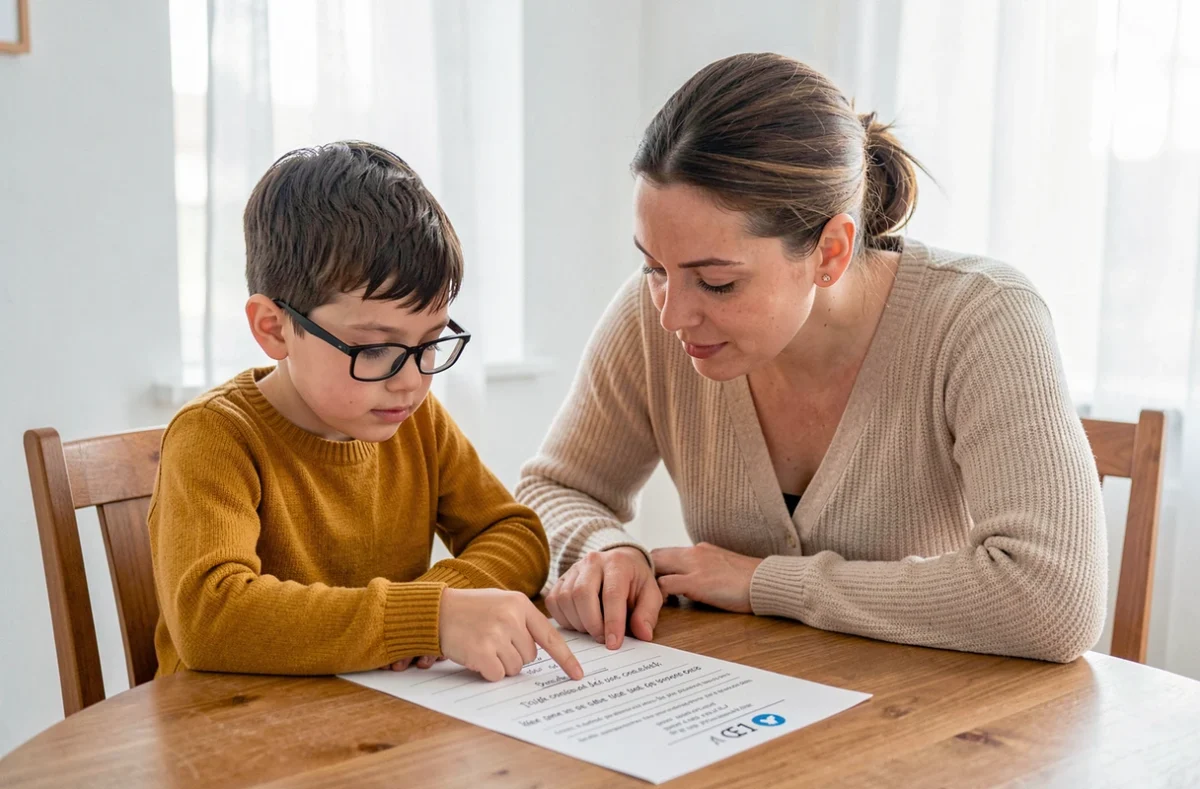 Mère aidant son fils de CE1 à réviser sur une fiche imprimée de français à la maison