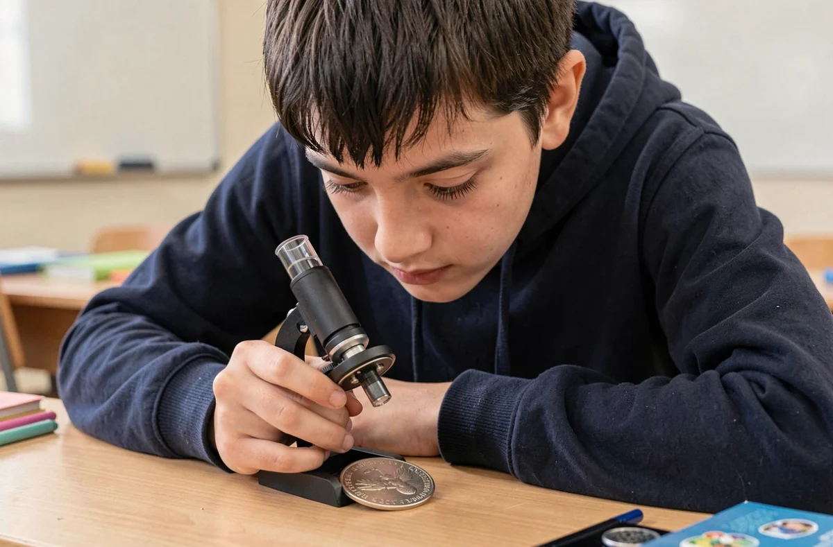 Étudiant observant une pièce de monnaie à l'aide d'un microscope USB posé sur un bureau de classe