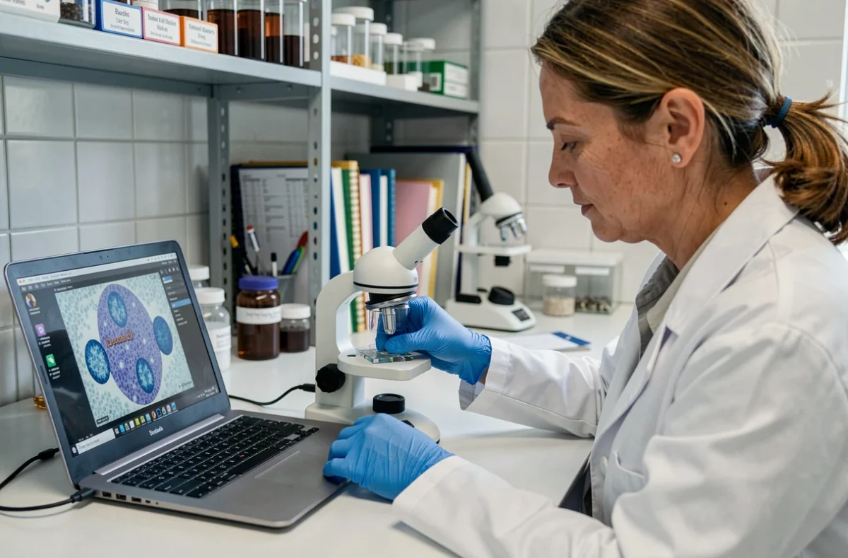 Femme en blouse de laboratoire utilisant un microscope USB branché sur un ordinateur portable pour analyser une lame biologique