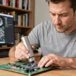 Homme utilisant un microscope USB connecté à un PC pour examiner une carte électronique sur un bureau en bois