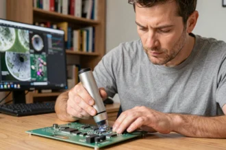 Homme utilisant un microscope USB connecté à un PC pour examiner une carte électronique sur un bureau en bois