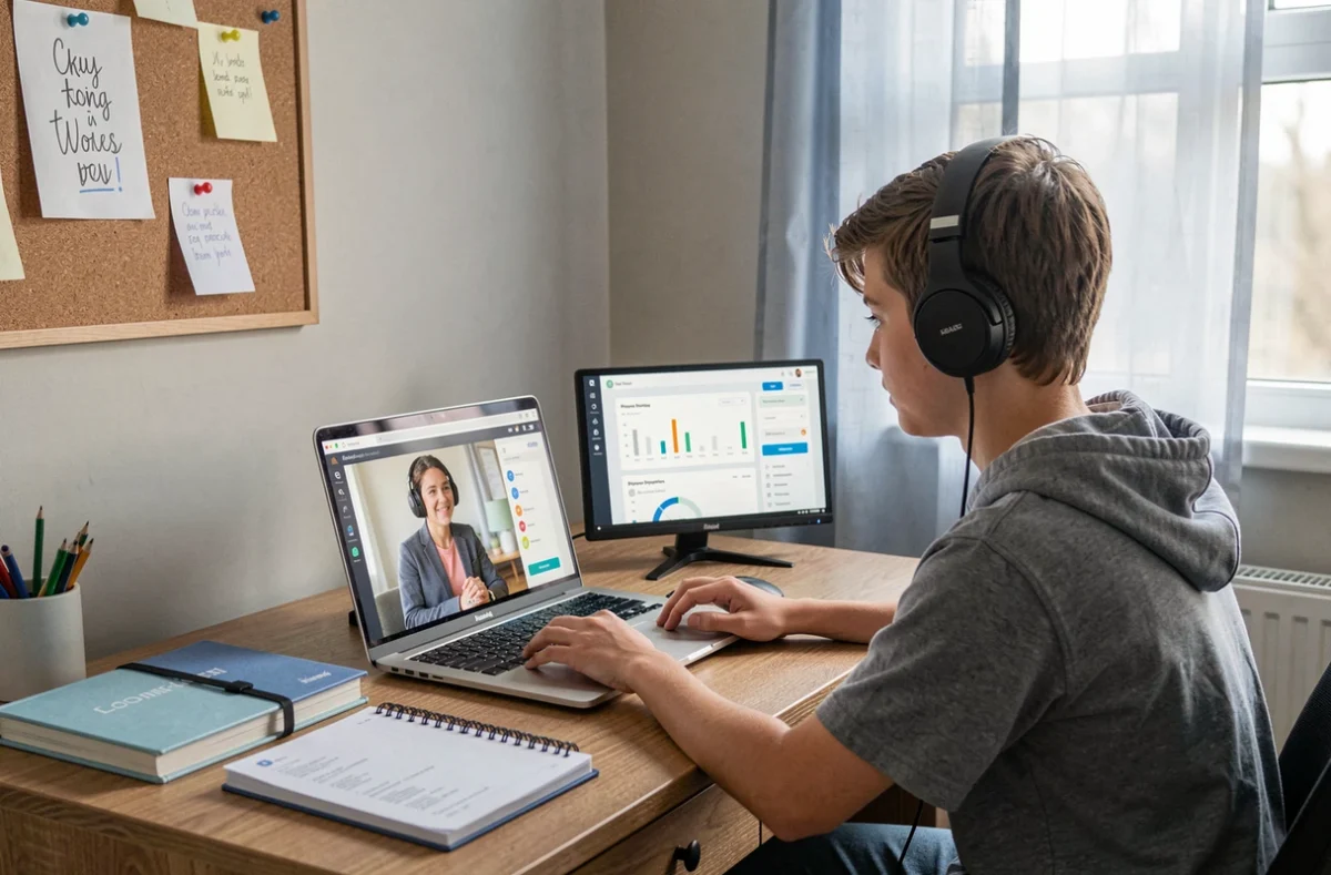 Lycéen suivant une séance de soutien en ligne sur MyMentor avec tableau de bord de suivi personnalisé