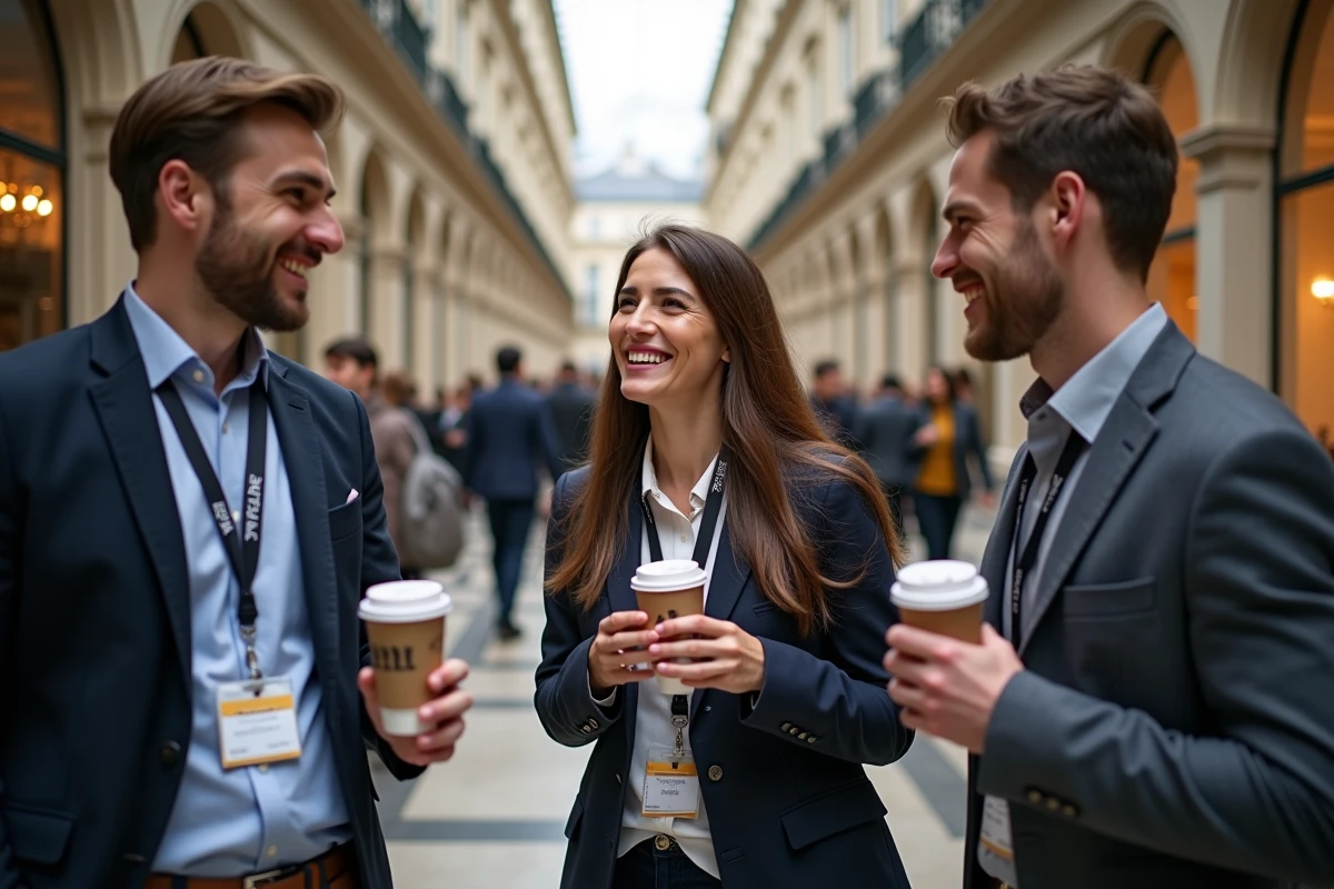 Trois participants à la conférence Clubformationdigital.fr à Paris discutant lors d'une pause networking dans le foyer d'un espace événementiel parisien