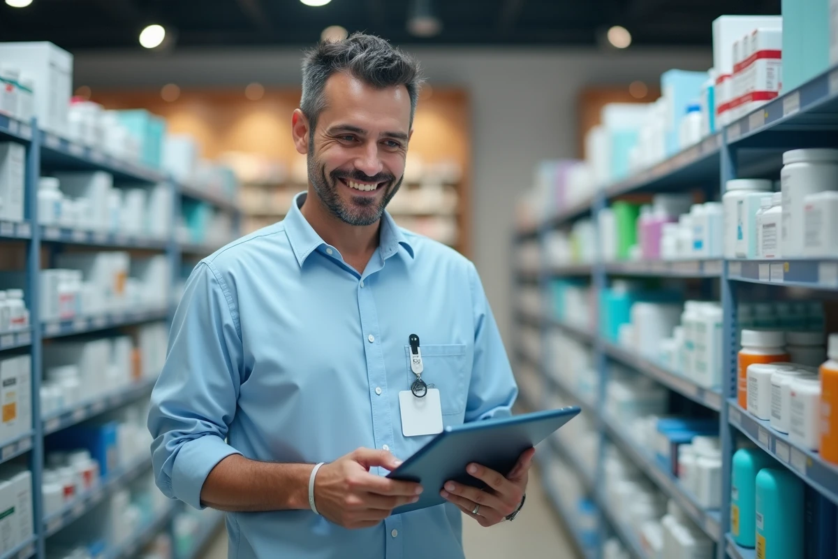 Parapharmacien avec tablette dans pharmacie moderne