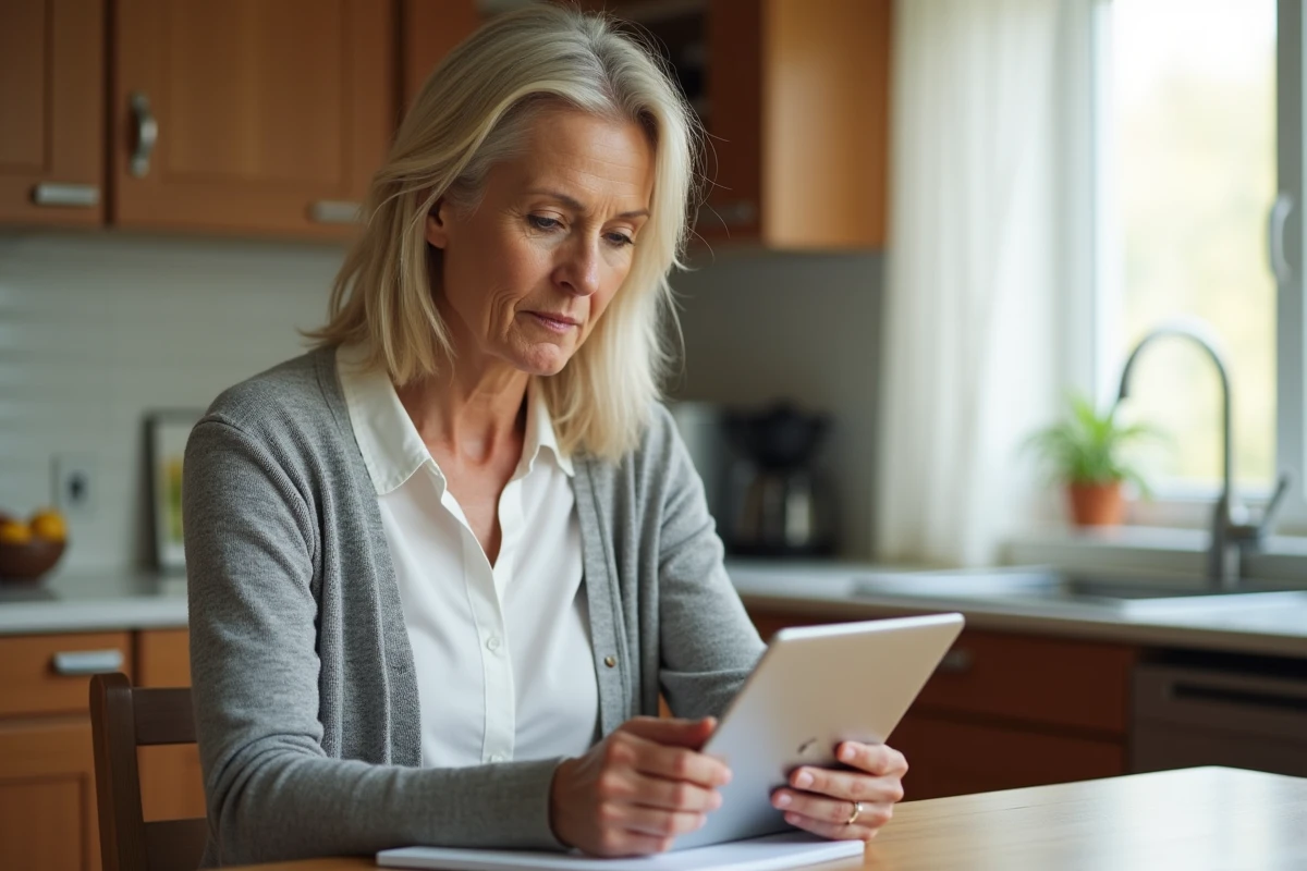 Mère de famille consultant le carnet de liaison numérique Oze 92 sur une tablette depuis la cuisine