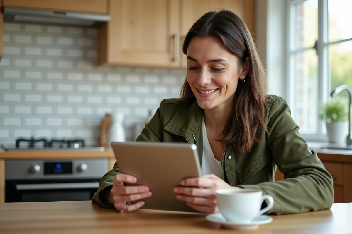 Mère de famille lisant un message de l'école sur tablette via le portail Ecole direct depuis son domicile